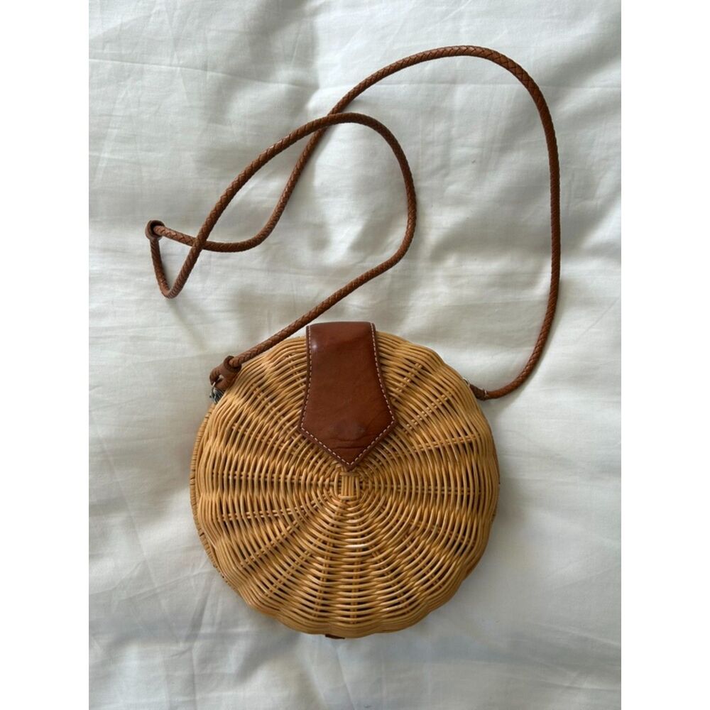 J.McLaughlin Round Wicker Stylish Summer Crossbody Bag with Leather Flap